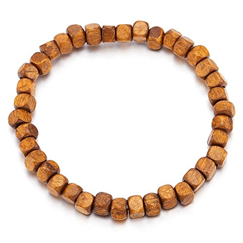 COOLSTEELANDBEYOND Mens Womens Small Brown Wood Beads Bracelet, 5mm Tibetan Beads Prayer Mala, Stretchable - coolsteelandbeyond