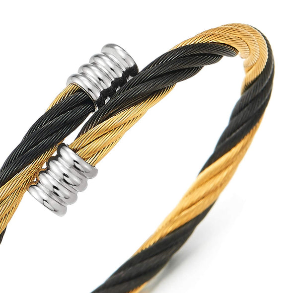 COOLSTEELANDBEYOND Mens Womens Stainless Steel Twisted Cable Cuff Bangle Bracelet, Gold Black Silver, Polished - coolsteelandbeyond