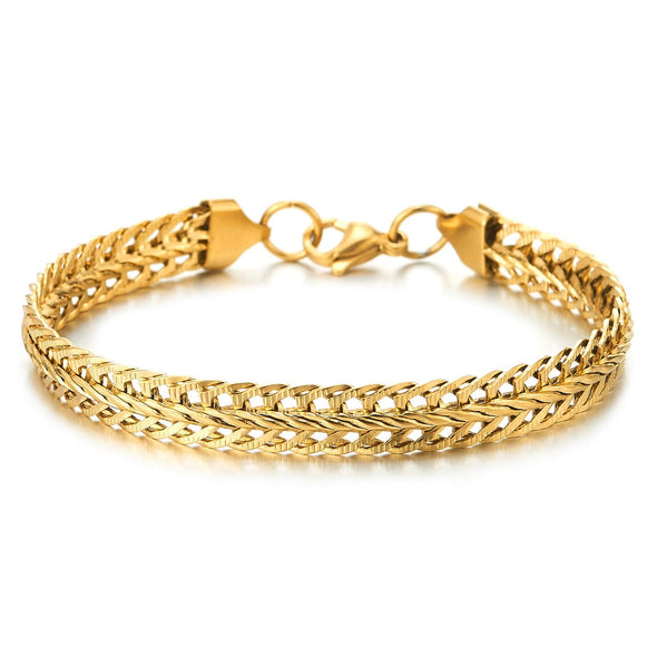 COOLSTEELANDBEYOND Mens Womens Stainless Steel Gold Color Grooved Braided Link Chain Bracelet, Polished, Exquisite - coolsteelandbeyond