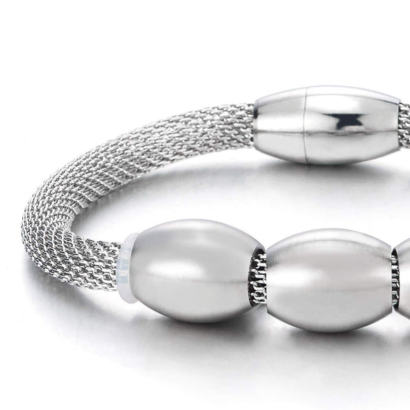 COOLSTEELANDBEYOND Mens Womens Stainless Steel Three Satin Oval Beads Charms Bangle Bracelet, Magnetic Clasp - coolsteelandbeyond