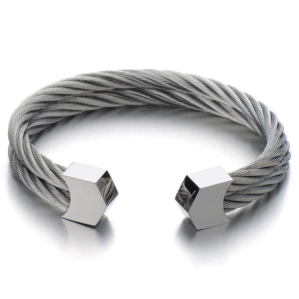 COOLSTEELANDBEYOND Mens Womens Stainless Steel Two Rows Twisted Cable Adjustable Cuff Bangle Bracelet - coolsteelandbeyond