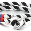 COOLSTEELANDBEYOND Mens Womens Steel Anchor Two-Row Nautical Sailor Black White Cotton Rope Braided Bracelet Wristband - coolsteelandbeyond