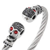 COOLSTEELANDBEYOND Mens Womens Steel Twisted Cable Cuff Bangle Bracelet, Vintage Skulls with Black Red CZ Adjustable - coolsteelandbeyond