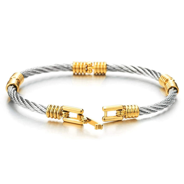 COOLSTEELANDBEYOND Mens Womens Steel Gold Color Grooved Charms Thin Twisted Cable Bangle Bracelet with Buckle Clasp - coolsteelandbeyond