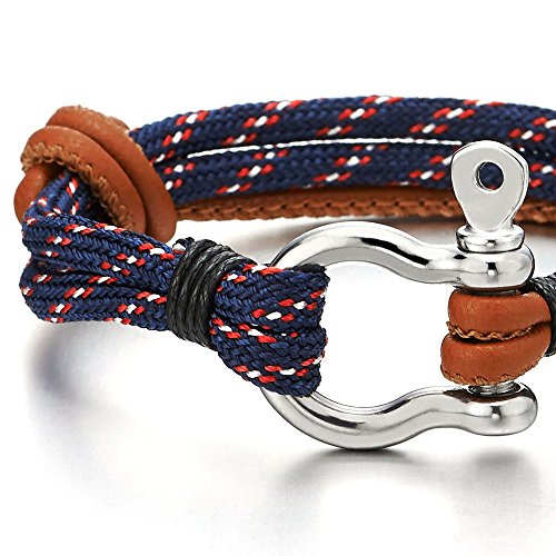 COOLSTEELANDBEYOND Mens Womens Steel Screw Anchor Shackle Nautical Sailor Brown Rope Leather Wrap Bracelet Wristband - coolsteelandbeyond