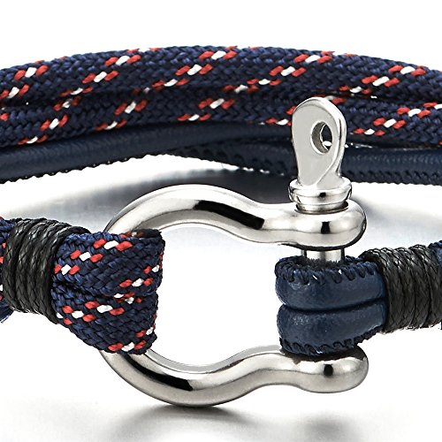 COOLSTEELANDBEYOND Mens Womens Steel Screw Anchor Shackles Nautical Sailor Rope Cord Leather Wrap Bracelet Wristband - coolsteelandbeyond
