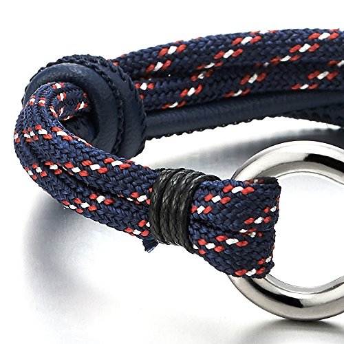 COOLSTEELANDBEYOND Mens Womens Steel Screw Anchor Shackles Nautical Sailor Rope Cord Leather Wrap Bracelet Wristband - coolsteelandbeyond