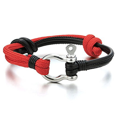 COOLSTEELANDBEYOND Mens Womens Steel Screw Anchor Shackles Red Nautical Sailor Rope Leather Braided Wrap Bracelet - coolsteelandbeyond