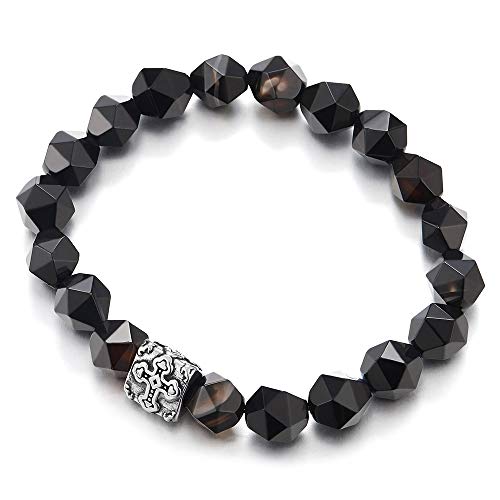COOLSTEELANDBEYOND Mens Womens Stretchable Black Onyx Faceted Beads Link Bracelet with Stainless Steel Cross Charm - coolsteelandbeyond