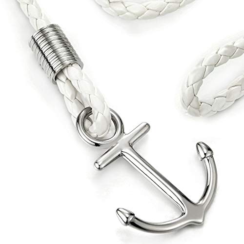 Mens Womens Triple-Lap White Braided Leather Bracelet Wrap Bracelet Steel Marine Anchor Hook Clasp