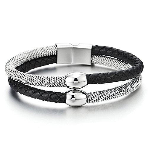 COOLSTEELANDBEYOND Mens Womens Two-Row Black Braided Leather and Steel Cable Bangle Bracelet Wristband with Bead Charm - coolsteelandbeyond