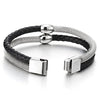 COOLSTEELANDBEYOND Mens Womens Two-Row Black Braided Leather and Steel Cable Bangle Bracelet Wristband with Bead Charm - coolsteelandbeyond