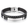 COOLSTEELANDBEYOND Mens Womens Two-Row Black Leather Bangle Bracelet with Steel ID Charms and Black White Stitches - coolsteelandbeyond
