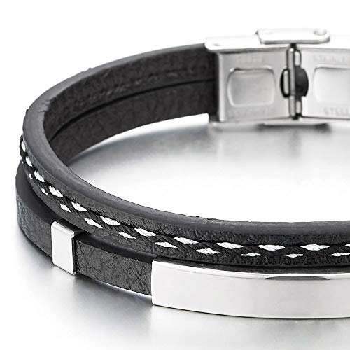 COOLSTEELANDBEYOND Mens Womens Two-Row Black Leather Bangle Bracelet with Steel ID Charms and Black White Stitches - coolsteelandbeyond