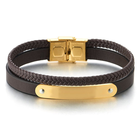 Mens Womens Two-Row Brown Braided Leather Wristband Bangle Bracelet with Steel ID Charms Gold Color - COOLSTEELANDBEYOND Jewelry