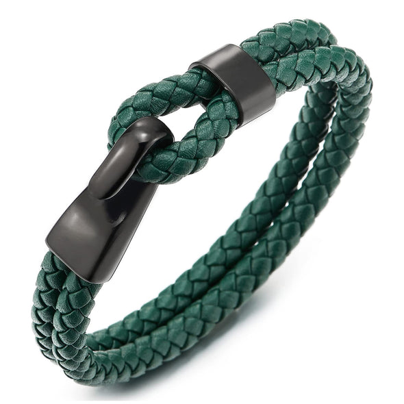 Mens Womens Two-Row Green Braided Leather Bangle Bracelet Wristband with Black Steel Hook Clasp - COOLSTEELANDBEYOND Jewelry