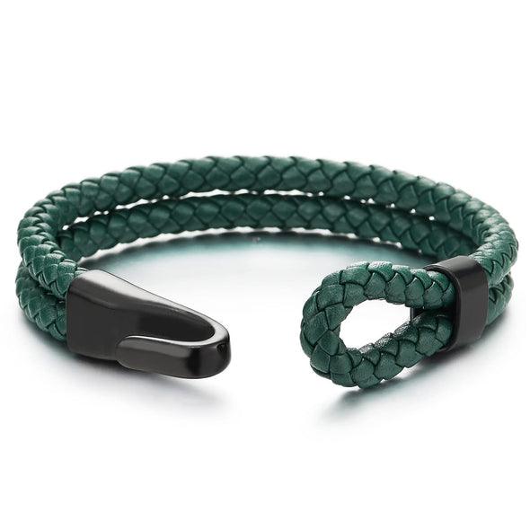 Mens Womens Two-Row Green Braided Leather Bangle Bracelet Wristband with Black Steel Hook Clasp - COOLSTEELANDBEYOND Jewelry