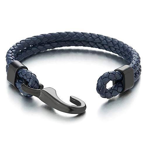Mens Womens Two-Row Navy Blue Braided Leather Bangle Bracelet Wristband ...