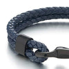 COOLSTEELANDBEYOND Mens Womens Two-Row Navy Blue Braided Leather Bangle Bracelet Wristband with Black Steel Hook Clasp - coolsteelandbeyond