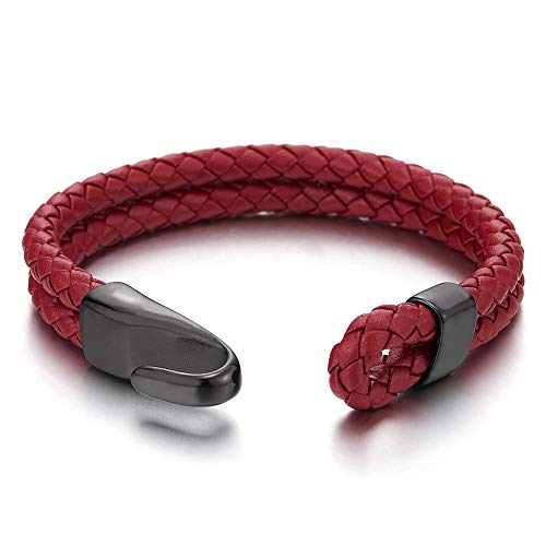 COOLSTEELANDBEYOND Mens Womens Two-Row Red Braided Leather Bangle Bracelet Wristband with Black Steel Hook Clasp - coolsteelandbeyond