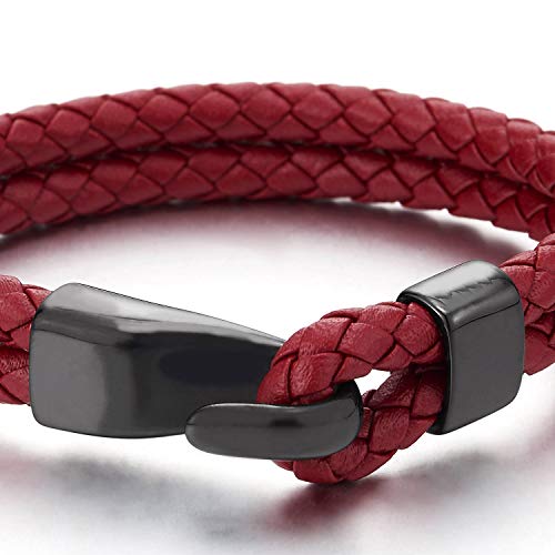 COOLSTEELANDBEYOND Mens Womens Two-Row Red Braided Leather Bangle Bracelet Wristband with Black Steel Hook Clasp - coolsteelandbeyond