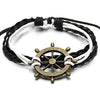 COOLSTEELANDBEYOND Mens Womens Vintage Marine Boat Steering Wheel Bracelet Black White Leather Cotton Wrap Wristband - coolsteelandbeyond