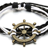 COOLSTEELANDBEYOND Mens Womens Vintage Marine Boat Steering Wheel Bracelet Black White Leather Cotton Wrap Wristband - coolsteelandbeyond