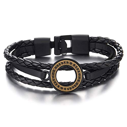 COOLSTEELANDBEYOND Mens Womens Vintage Open Circle Charm Black Braided Leather Bangle Bracelet, Three-Row Wristband - coolsteelandbeyond