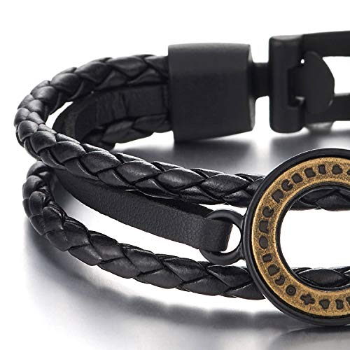 COOLSTEELANDBEYOND Mens Womens Vintage Open Circle Charm Black Braided Leather Bangle Bracelet, Three-Row Wristband - coolsteelandbeyond