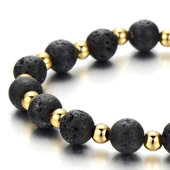 COOLSTEELANDBEYOND Mens Womens Volcanic Lava Stone Bracelet with Small Gold Color Beads, Prayer Mala - coolsteelandbeyond