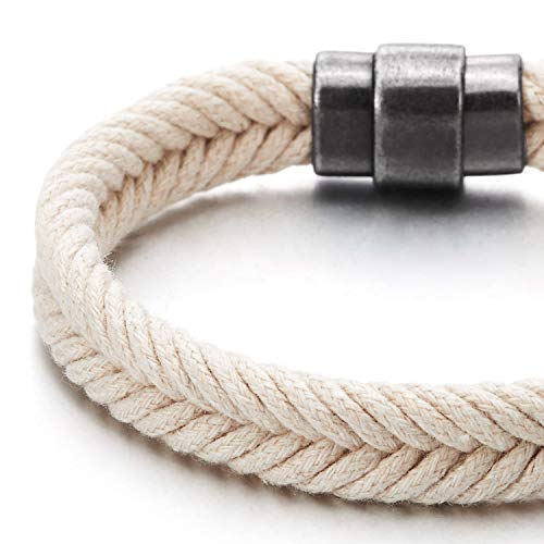 COOLSTEELANDBEYOND Mens Womens White Braided Cotton Rope Bangle Bracelet with Magnetic Clasp, Summer Accessories - coolsteelandbeyond