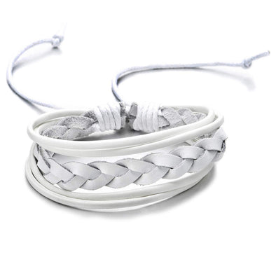 Mens Womens White Braided Leather Bracelet, Leather Wristband Wrap Bracelet, Adjustable - COOLSTEELANDBEYOND Jewelry