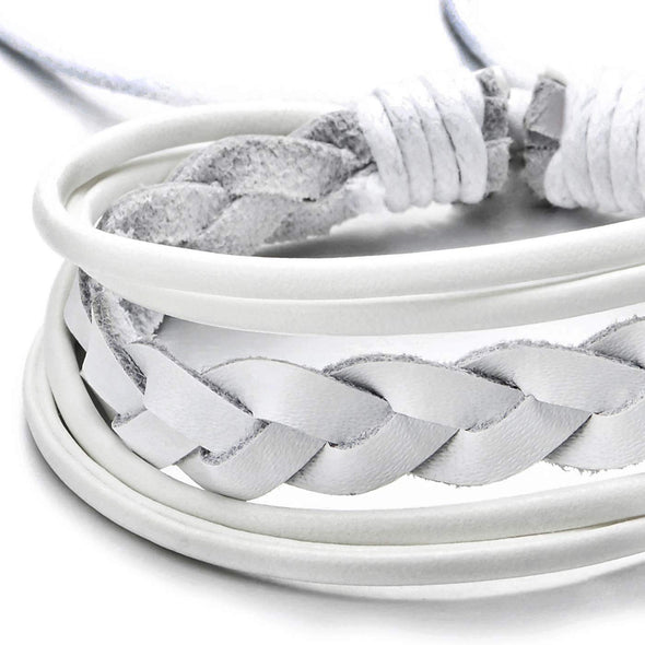 Mens Womens White Braided Leather Bracelet, Leather Wristband Wrap Bracelet, Adjustable - COOLSTEELANDBEYOND Jewelry