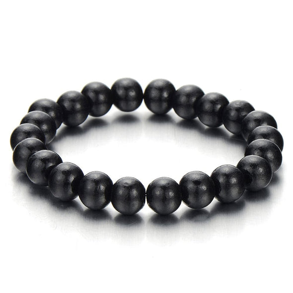 Mens Womens Wood Bracelet, 10mm Tibetan Beads Prayer Mala, Black - COOLSTEELANDBEYOND Jewelry