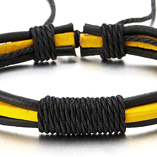 COOLSTEELANDBEYOND Mens Womens Yellow Black Braided Leather Cotton Bracelet Wristband Wrap Bracelet, Adjustable - coolsteelandbeyond
