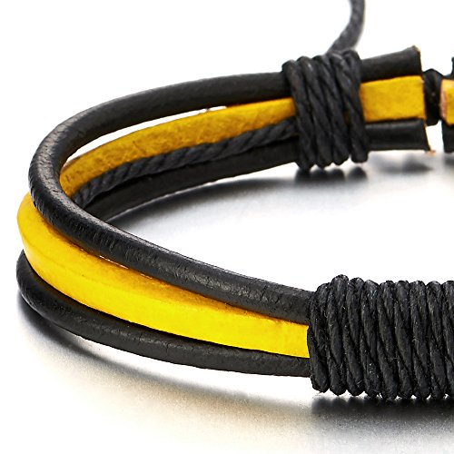 COOLSTEELANDBEYOND Mens Womens Yellow Black Braided Leather Cotton Bracelet Wristband Wrap Bracelet, Adjustable - coolsteelandbeyond