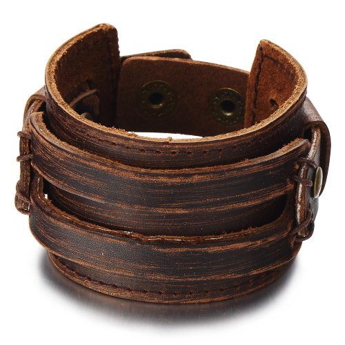COOLSTEELANDBEYOND Metallic Genuine Leather Wristband Mens Wide Leather Bracelet with Snap Button - coolsteelandbeyond