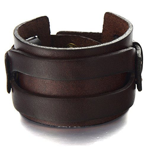 COOLSTEELANDBEYOND Metallic Genuine Leather Wristband Mens Wide Leather Bracelet with Snap Button - coolsteelandbeyond