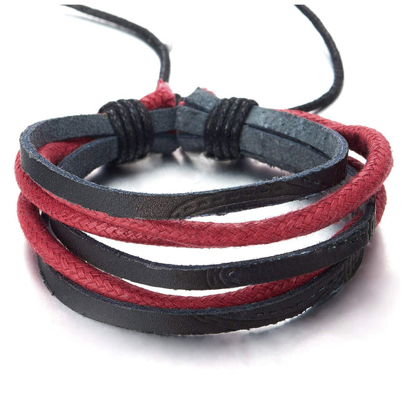 Minimalist Mens Womens Multi-Strand Black Leather Red Cotton Rope Wristband Wrap Bracelet, Folk - COOLSTEELANDBEYOND Jewelry