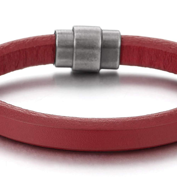 COOLSTEELANDBEYOND Minimalist Red Leather Bangle Bracelet for Mens Womens, Leather Wristband with Magnetic Clasp - coolsteelandbeyond