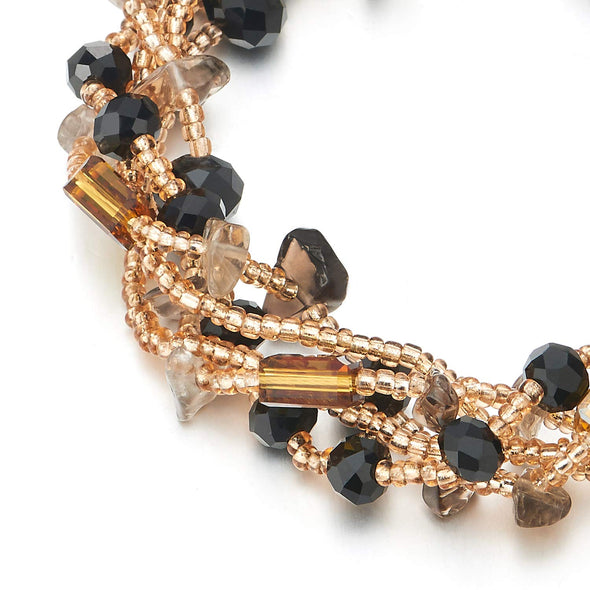 COOLSTEELANDBEYOND Multi-Strand Beaded Bracelet Champagne Beads Irregular Black Gem Stone Rhinestones Ball Charm Clasp - COOLSTEELANDBEYOND Jewelry