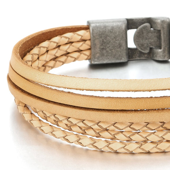 Multi-Strand Beige Brown Braided Leather Bracelet for Men and Women Wristband Wrap Bracelet - COOLSTEELANDBEYOND Jewelry