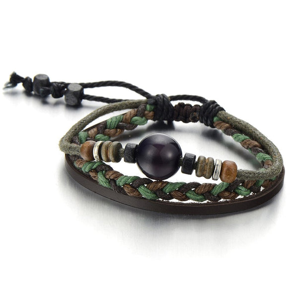 COOLSTEELANDBEYOND Multi-Strand Brown Leather Bracelet for Men Women Tribal Leather Wristband Wrap Bracelet with Beads - coolsteelandbeyond