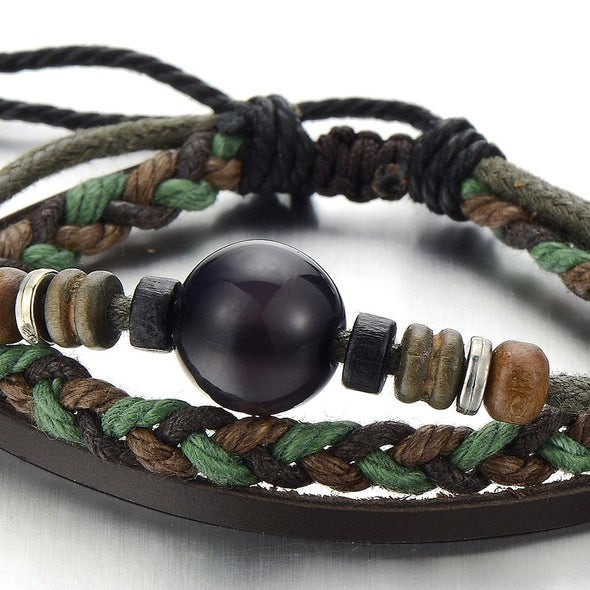 COOLSTEELANDBEYOND Multi-Strand Brown Leather Bracelet for Men Women Tribal Leather Wristband Wrap Bracelet with Beads - coolsteelandbeyond