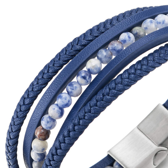 Multi-Strand Dark Blue Gem Stone Beads Chain Braided Leather Bracelet Wristband Steel Magnetic Clasp - COOLSTEELANDBEYOND Jewelry