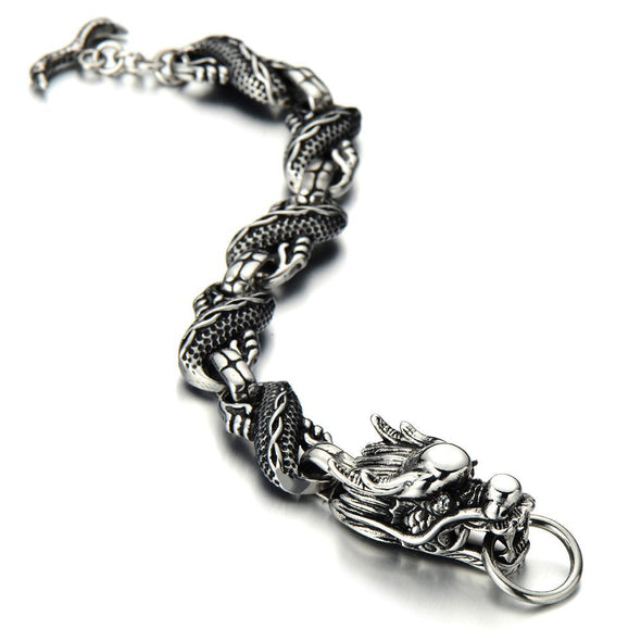 COOLSTEELANDBEYOND New Gothic Biker Link of Dragon Bracelet for Men with Toggle Clasp Silver Black Two-Tone Polished - coolsteelandbeyond