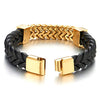 COOLSTEELANDBEYOND New Men Steel Gold Color Franco Box Chain Black Genuine Braided Leather Bracelet with Magnetic Clasp - coolsteelandbeyond