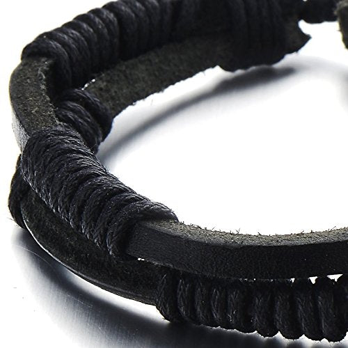 COOLSTEELANDBEYOND New Mens Double-Lap Black Braided Leather Wrap Bracelet Genuine Leather Wristband - coolsteelandbeyond