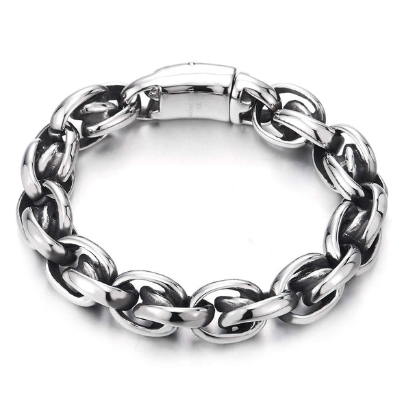 COOLSTEELANDBEYOND Premium Mens Steel Blackened Rolo Link Chain Wheat Chain Bracelet with Spring Clasp, Masculine - coolsteelandbeyond