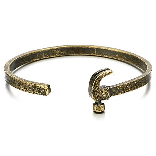 COOLSTEELANDBEYOND Retro Style Mens Hammer Bangle Cuff Bracelet Bronze Old Metal Finishing - coolsteelandbeyond